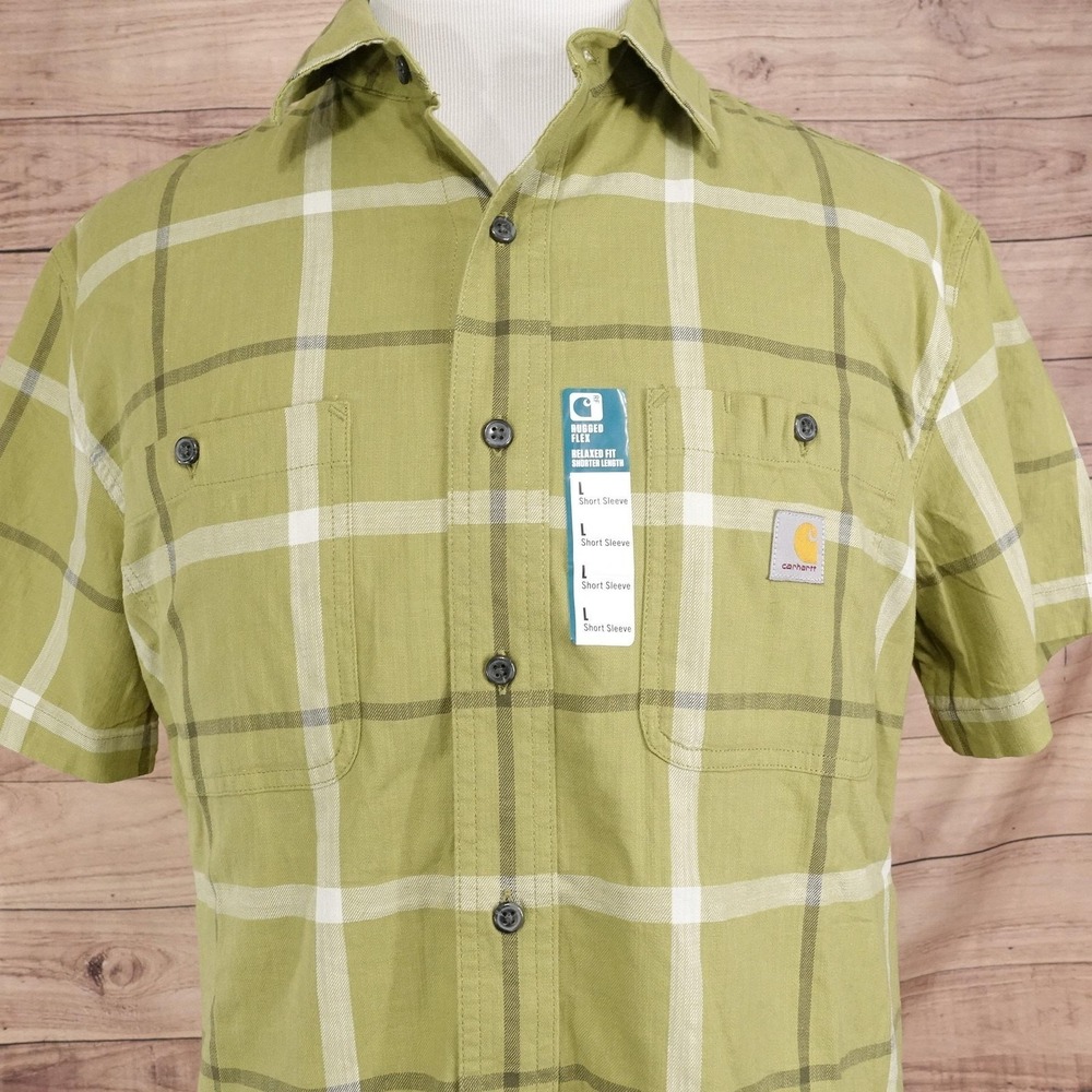 New! Carhartt Shirt Mens L Green Plaid Button-Up Relaxed Fit Rugged Flex
